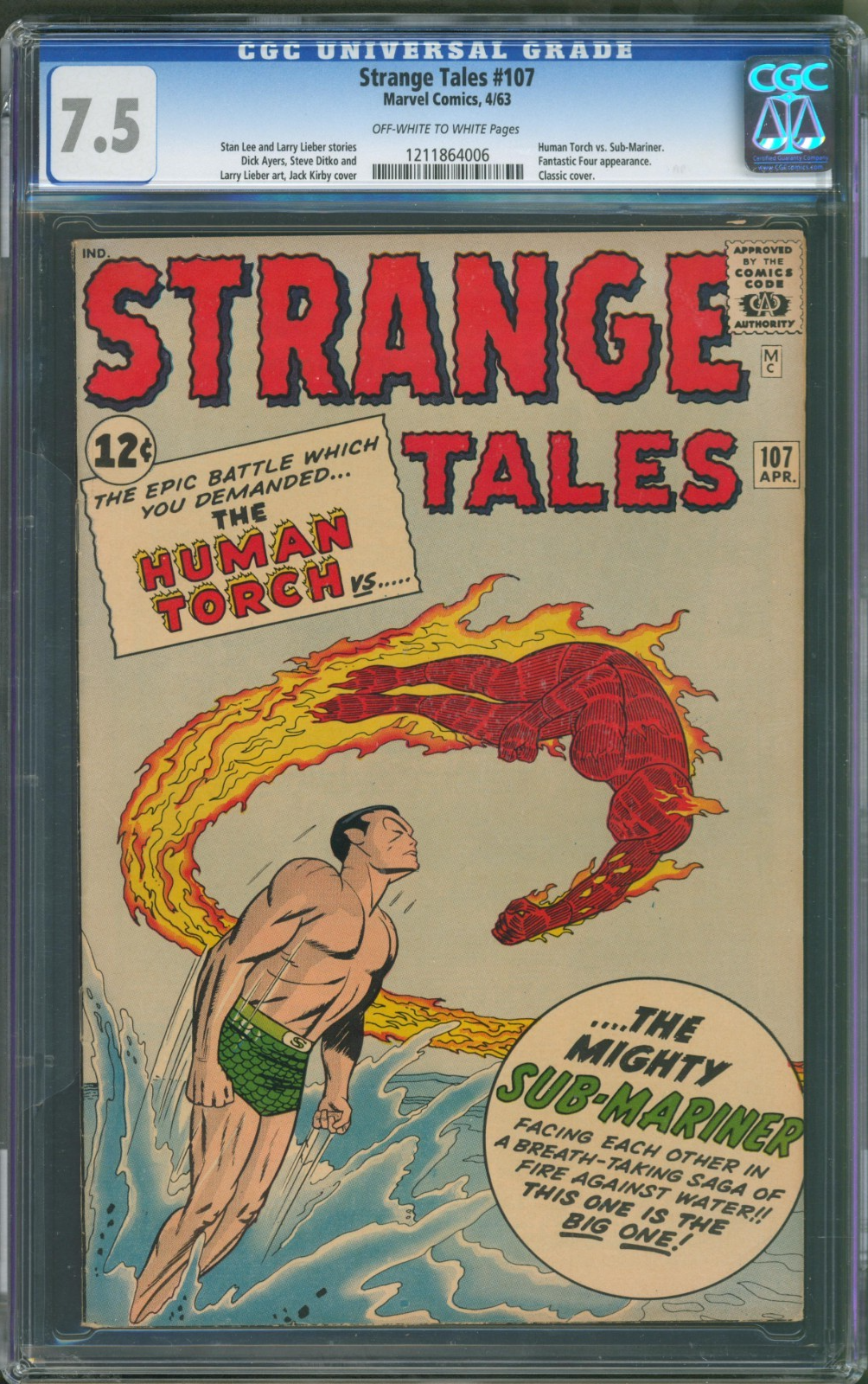 Strange Tales #107 CGC 7.5 Marvel Comics 1963 Classic Human Torch & Subby Cover