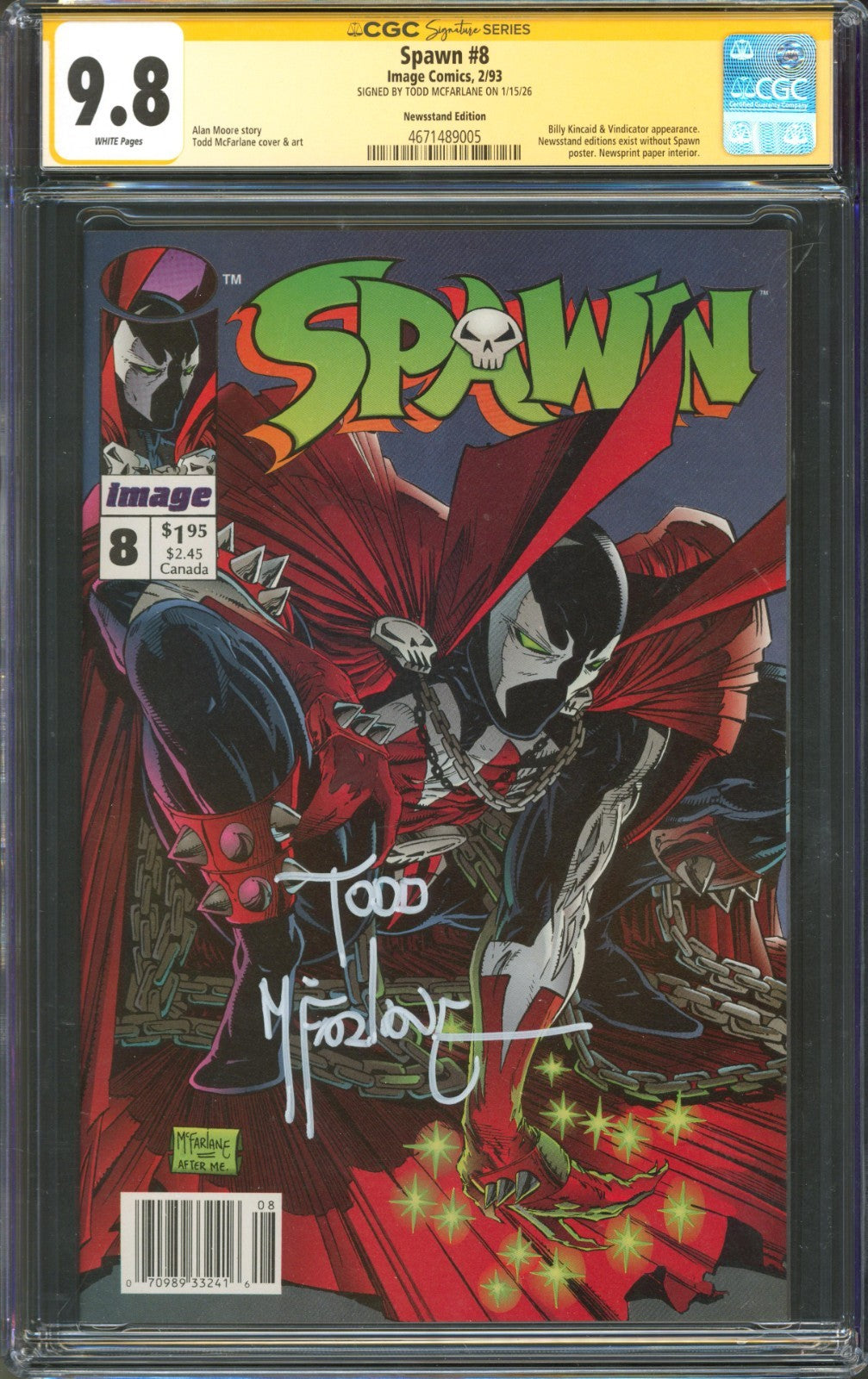 Spawn #8 CGC 9.8 Image Comics 1993 Newsstand Signed by Todd Mcfarlane
