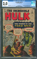 Incredible Hulk #2 CGC 2.0 Marvel Comics 1962 White Pages 1st Green Hulk