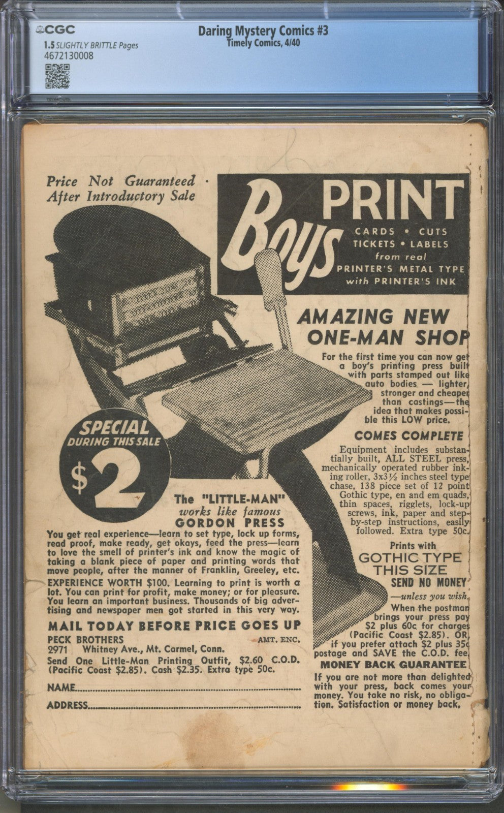 Daring Mystery Comics #3 CGC 1.5 Timely 1940 Alex Schomburg Girl in Tube Cover