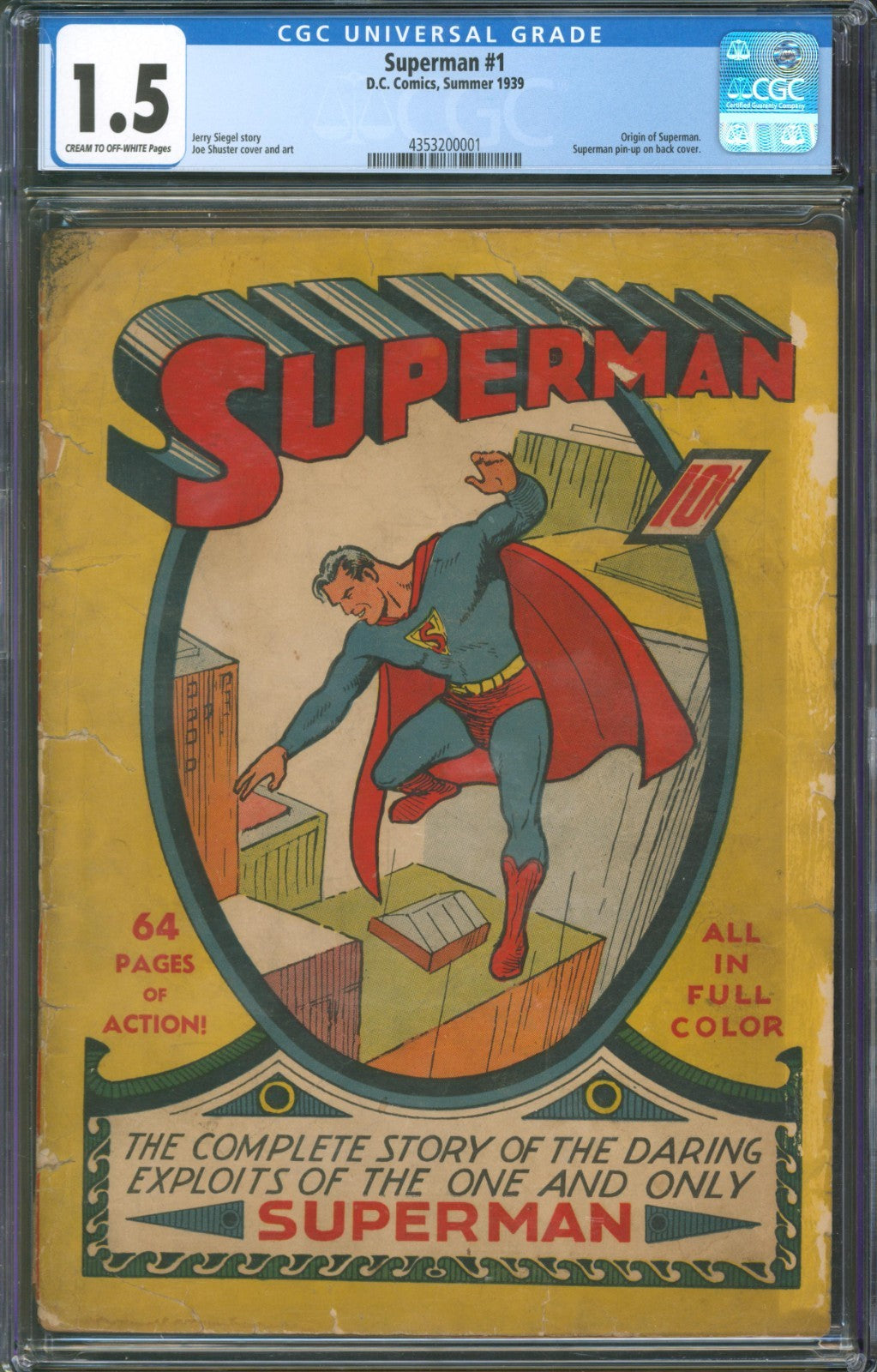 Superman #1 CGC 1.5 D.C. Comics Summer 1939 Origin of Superman Joe Shuster Cover