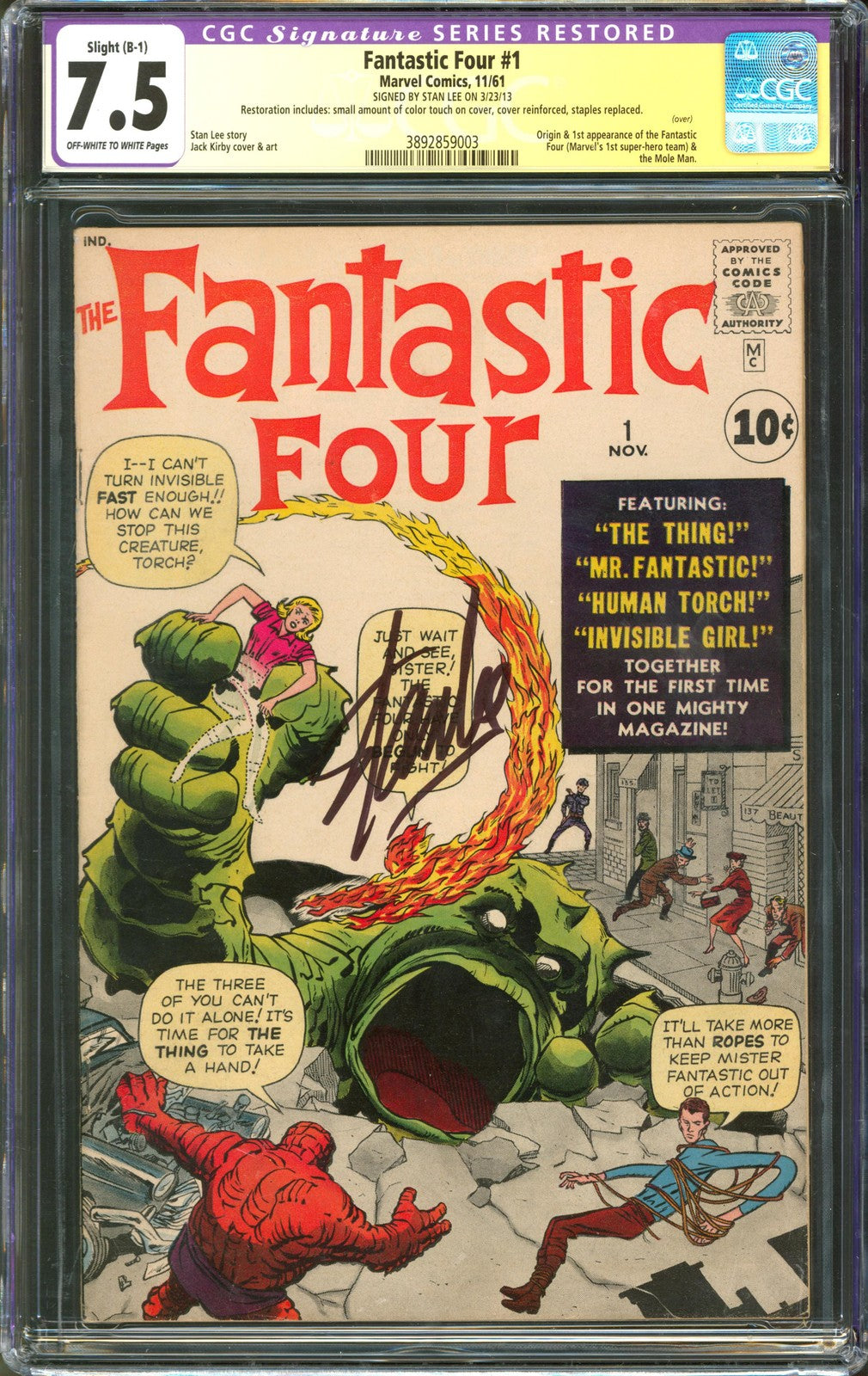 Fantastic Four #1 CGC 7.5 Marvel Comics 1961 Restored Signed by Stan Lee 1st App