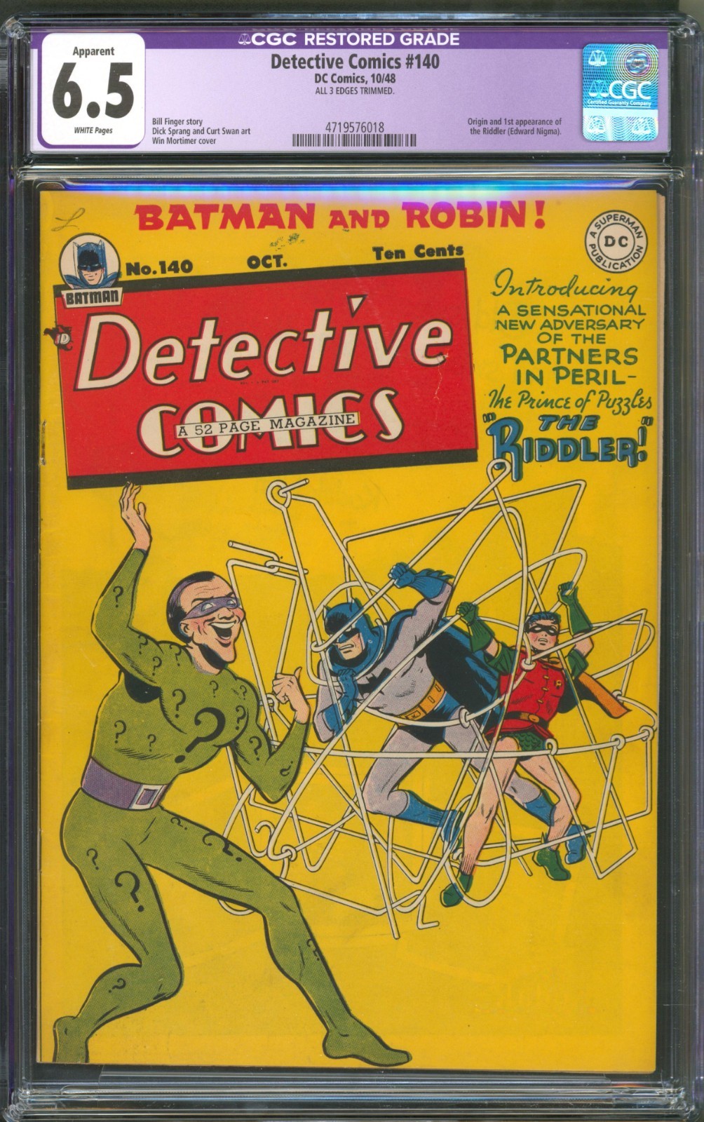 Detective Comics #140 CGC 6.5 D.C. 1948 Restored 1st Appearance of the Riddler
