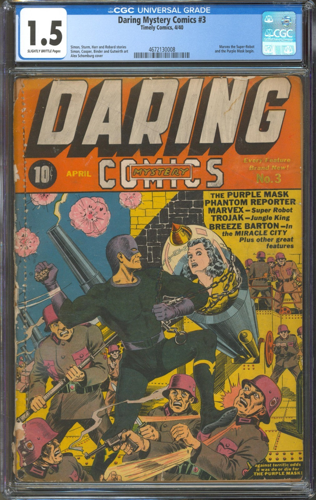 Daring Mystery Comics #3 CGC 1.5 Timely 1940 Alex Schomburg Girl in Tube Cover