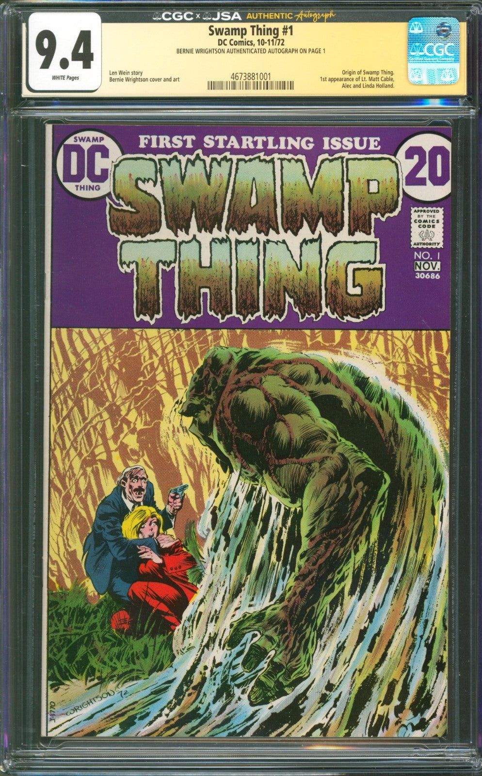Swamp Thing #1 CGC 9.4 D.C. Comics 1972 Bernie Wrightson Signed 1st Matt Cable