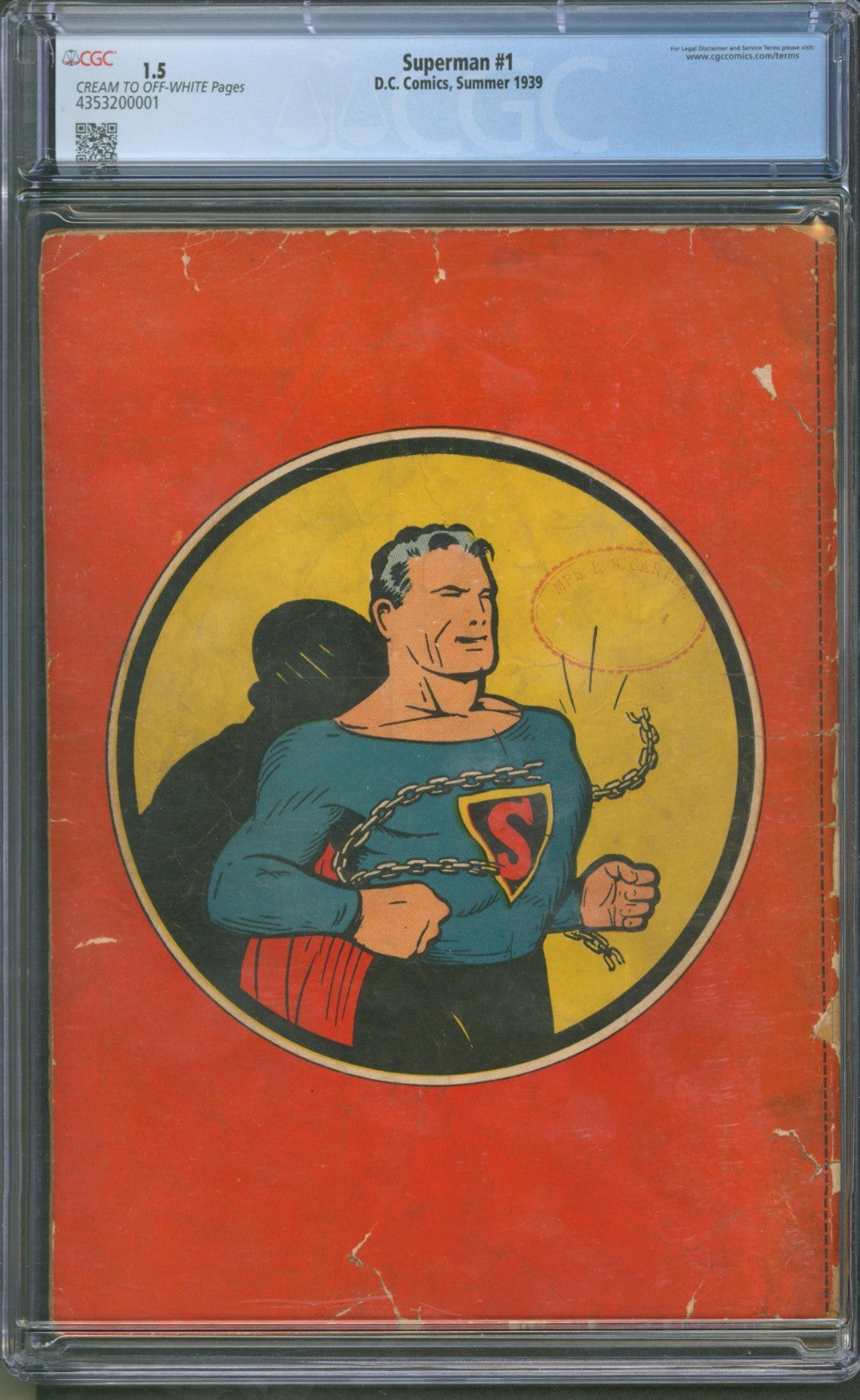 Superman #1 CGC 1.5 D.C. Comics Summer 1939 Origin of Superman Joe Shuster Cover