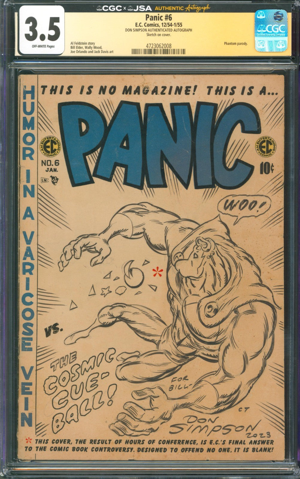 Panic #6 CGC 3.5 E.C. Comics 1954 Signed by Don Simpson w/ Megaton Man Sketch