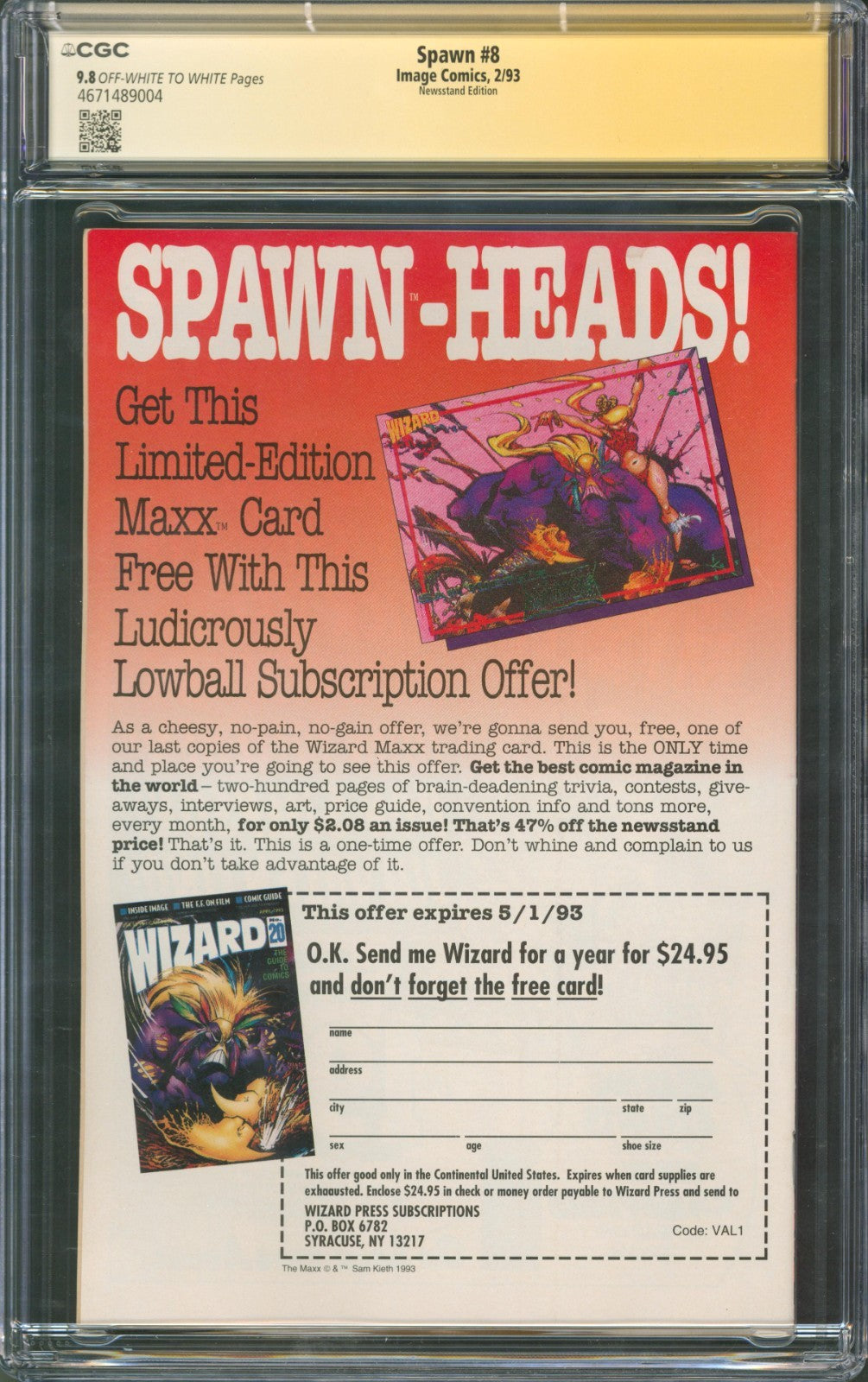 Spawn #8 CGC 9.8 Image Comics 1993 Newsstand Signed by Todd Mcfarlane