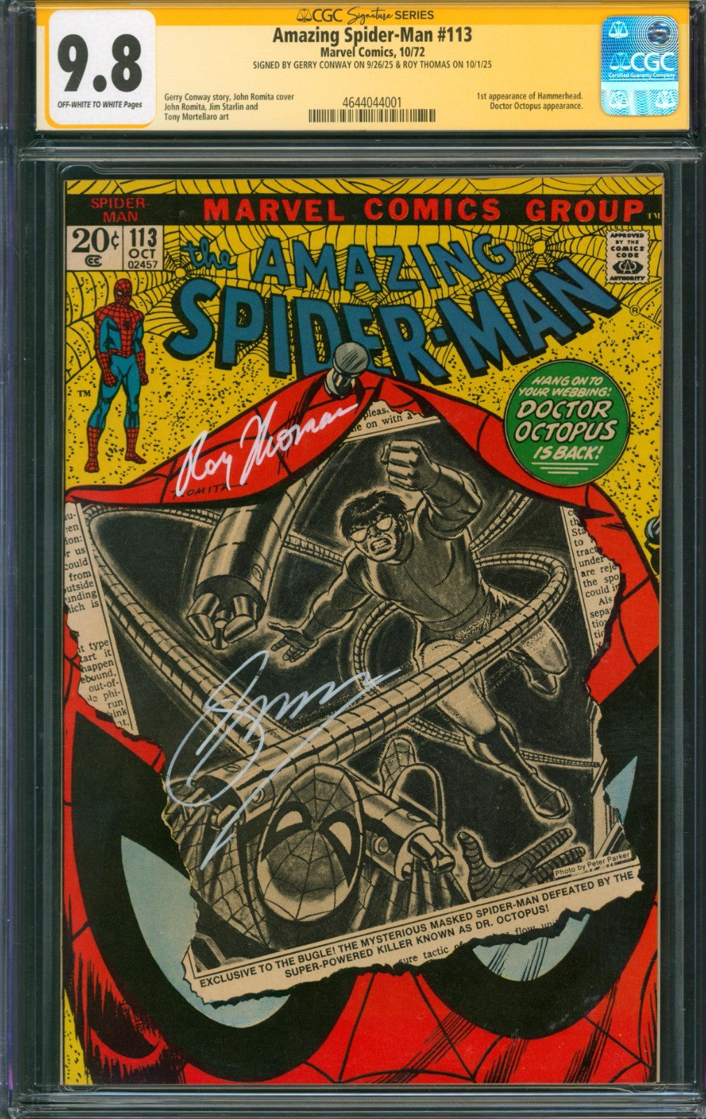 Amazing Spider-Man #113 CGC 9.8 Marvel 1972 1st Hammerhead Signed Conway Thomas