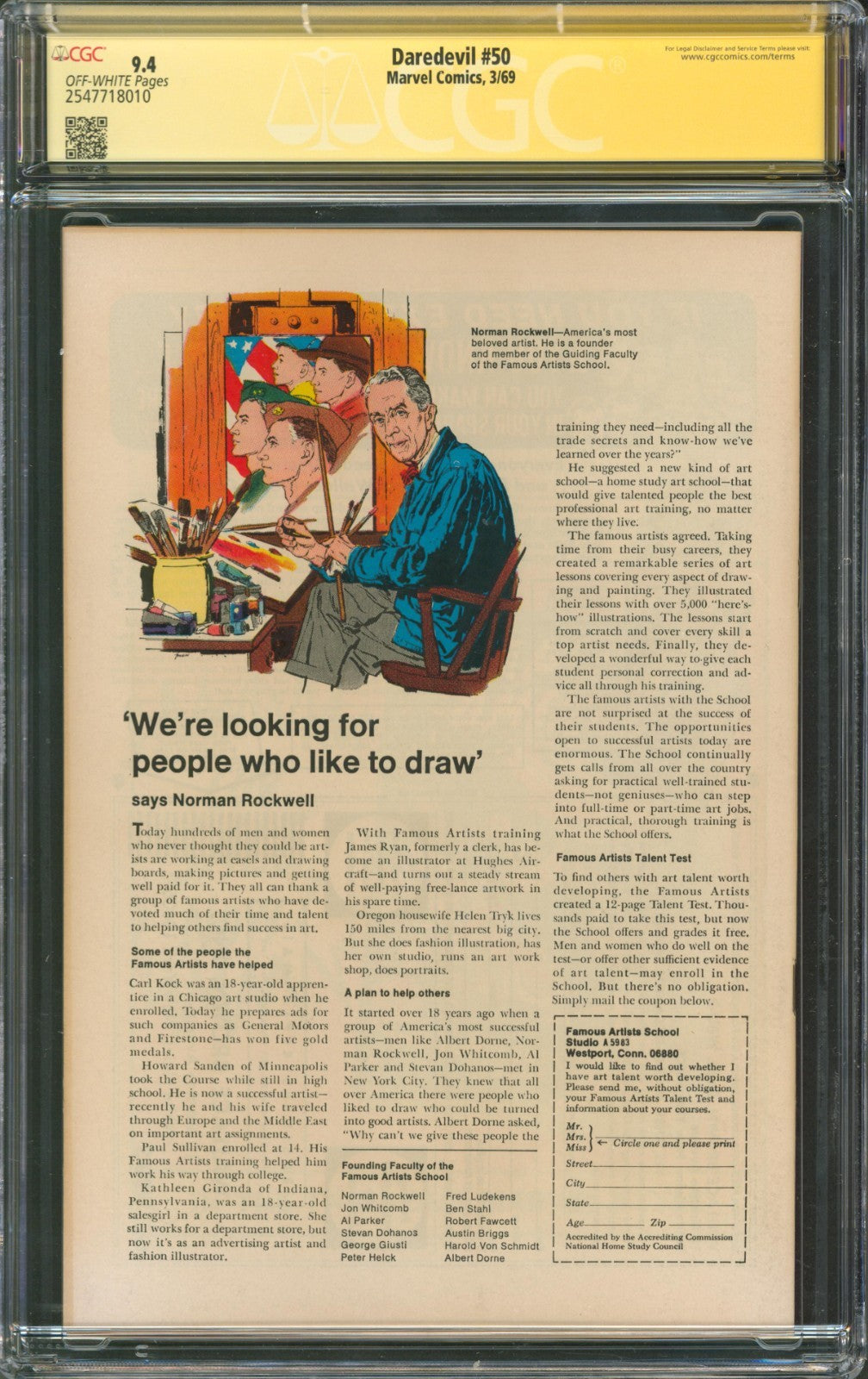 Daredevil #50 CGC 9.4 Marvel Comics 1969 Signed by Roy Thomas