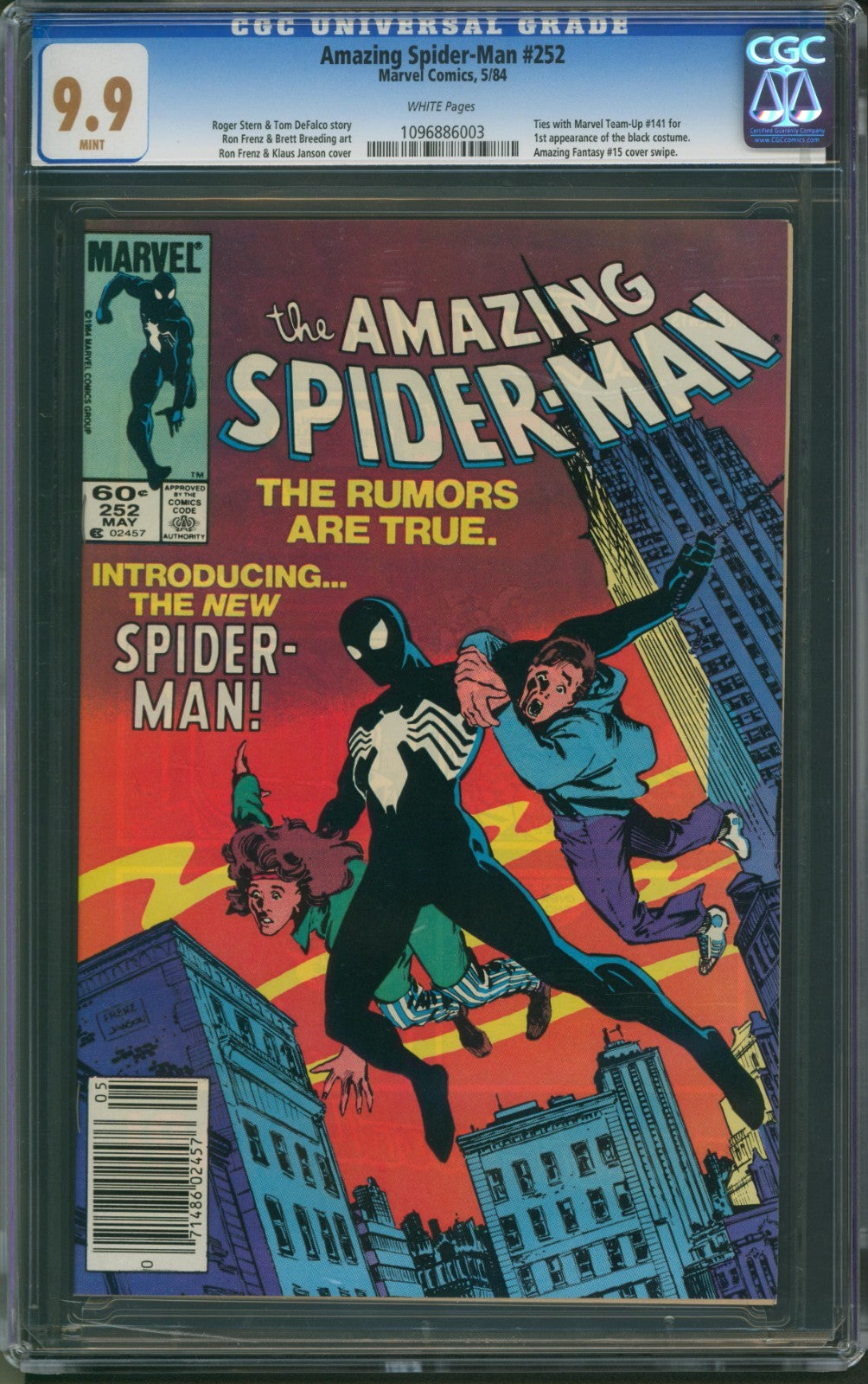 Amazing Spider-Man #252 CGC 9.9 Marvel 1984 Newsstand Highest Graded Black Suit