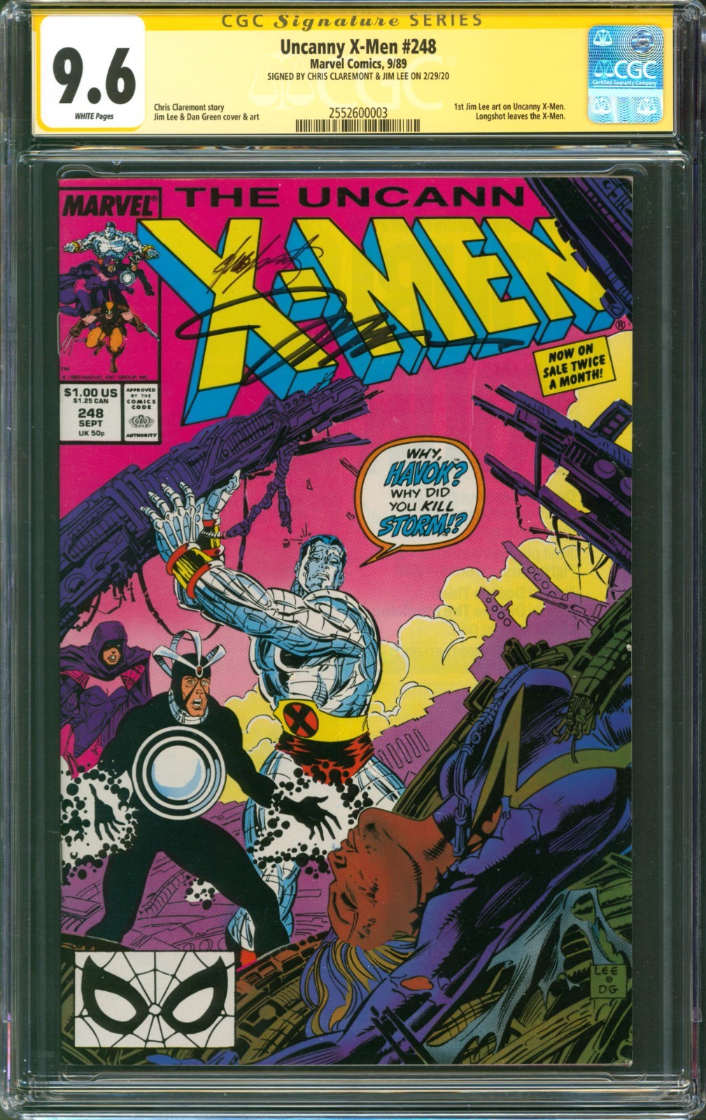 Uncanny X-Men #248 CGC 9.6 Marvel 1989 Chris Claremont & Jim Lee Signed 1st Art