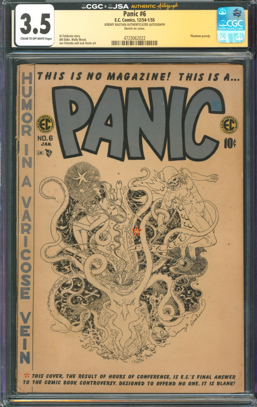 Panic #6 CGC 3.5 E.C. Comics 1954 Signed by Jeremy Bastian w/ Tentacles Sketch