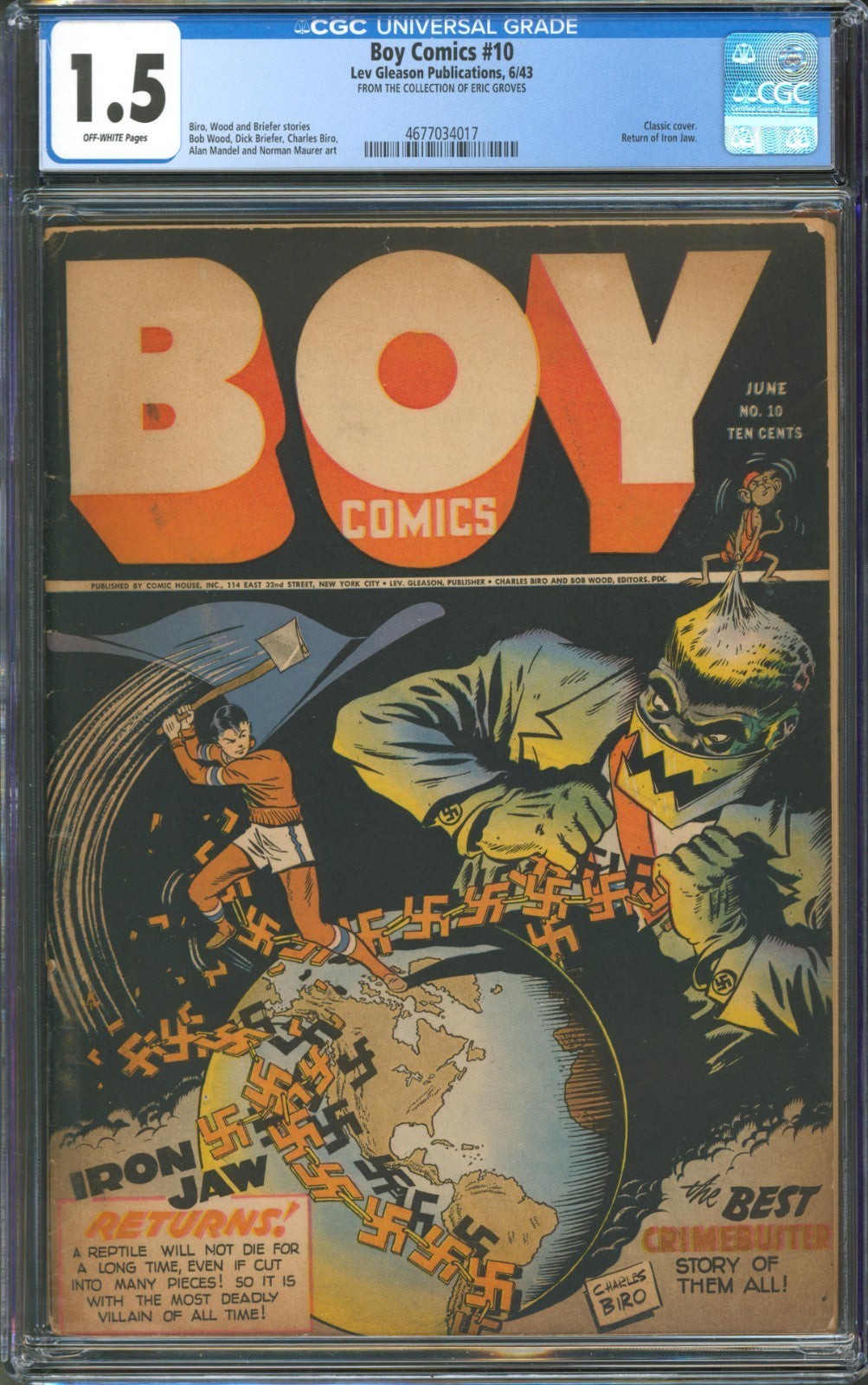 Boy Comics #10 CGC 1.5 Lev Gleason Publications 1943 Classic Iron Jaw Cover